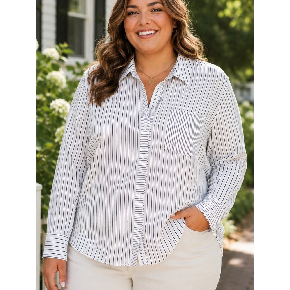 Jane + Delancey Womens Button Down Shirt White Black Striped 1X Long Sleeve Top